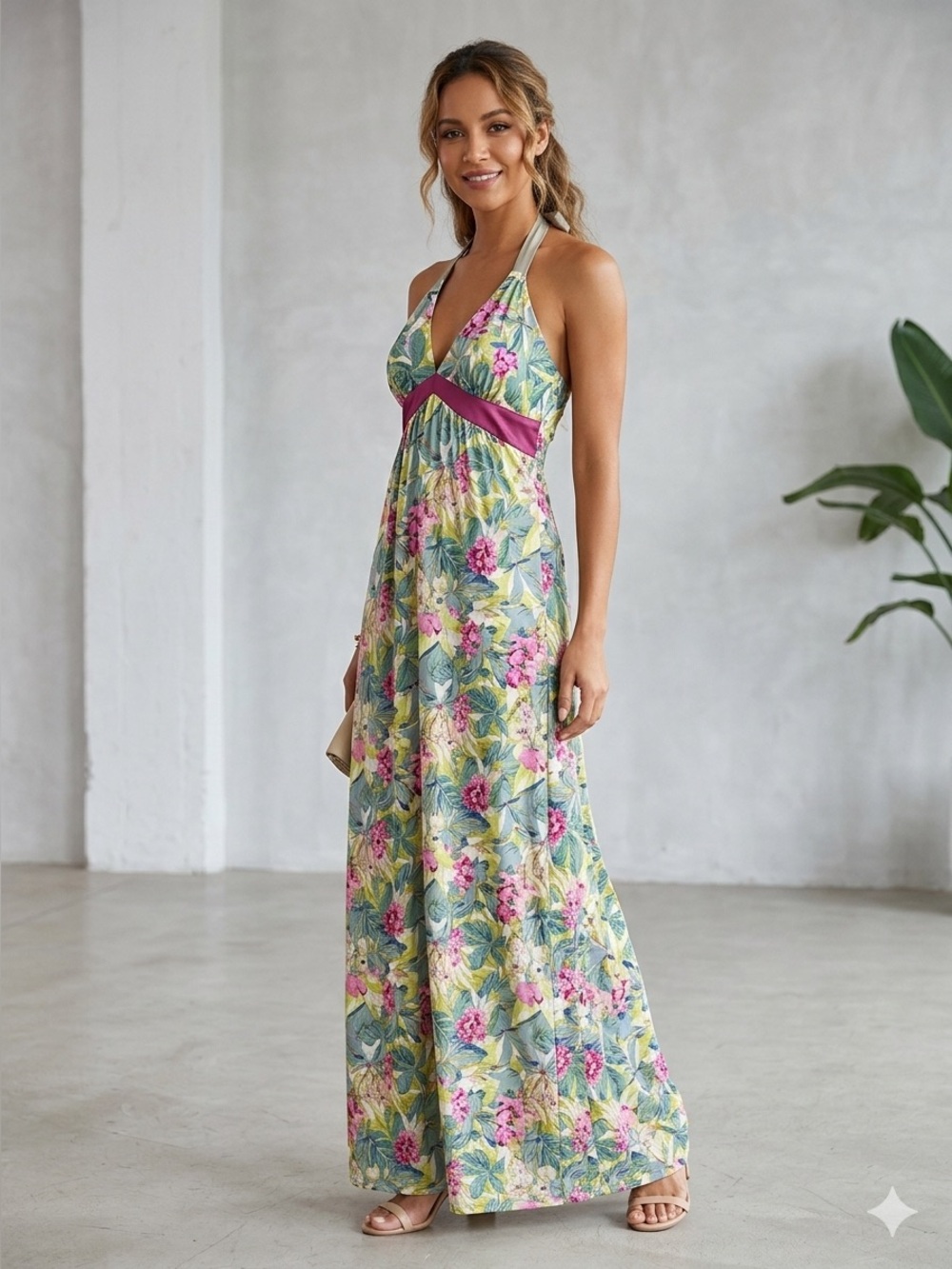 EUC Size Large Cinnamon Girl Floral Halter Maxi Dress